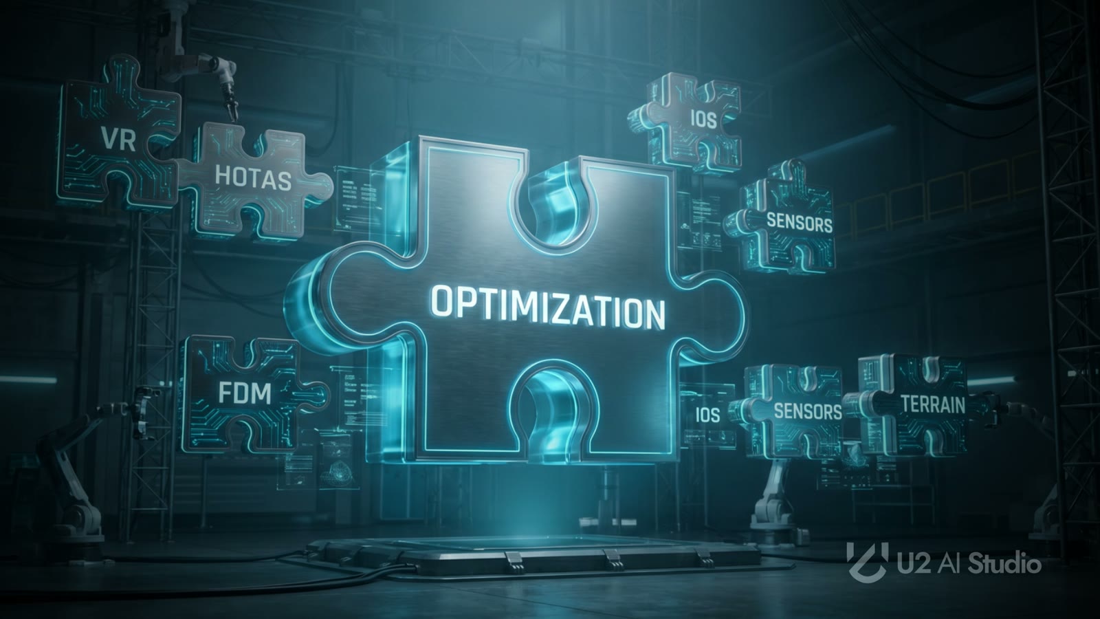 VR, HOTAS, IOS, sensörler, uçuş modeli ve araziyi kapsayan modül entegrasyon şeması